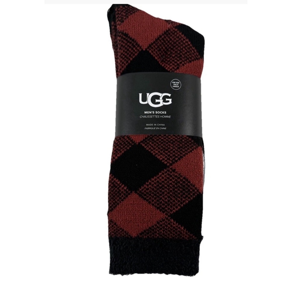 UGG Crew Socks Men OS Red Black Buffalo Plaid Lined Cozy Winter Cabin Warm NEW